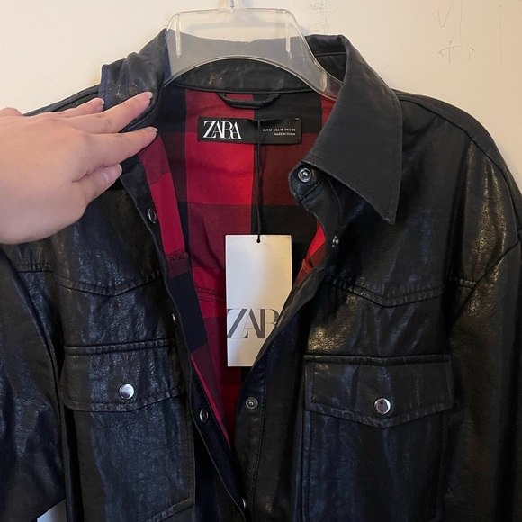 NWT ZARA faux leather over shirt with plaid interior - Picture 2 of 4